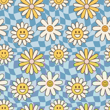 Vintage groovy flowers. Retro hippie style, floral vector seamless pattern, background 60s, 70s, 80s. Psychedelic chess board, fashionable print
