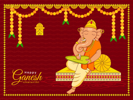 Happy Ganesh Chaturthi Celebration Background With Lord Ganesha Writing On Leaf Illustration. vector