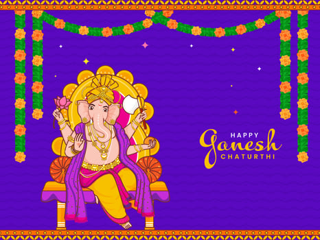 Happy Ganesh Chaturthi Celebration Concept With Lord Ganesha Statue And Floral Garland On Purple Zigzag Lines Background. vector