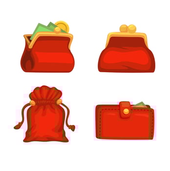 Chinese retro wallet with coin and money symbol collection set cartoon illustration vector