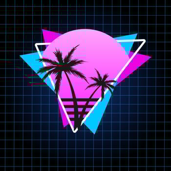 Retro Vector Illustration in 80's style for T-shirt with Palms, Grid and Sunset. Outrun aesthetic.