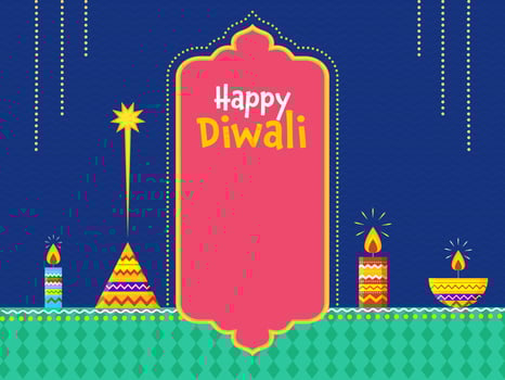 Happy Diwali Celebration Concept With Lit Candles, Oil Lamp And Firecracker Anar On Blue And Green Background. vector