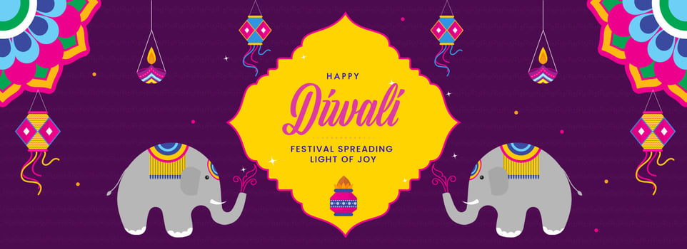 Happy Diwali Celebration Concept With Cartoon Elephants, Lit Oil Lamps And Lanterns Hang On Purple Background. vector