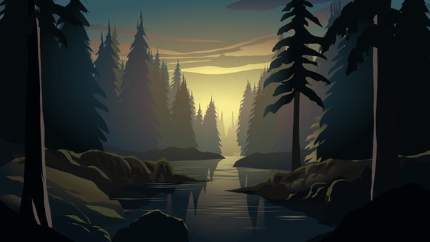 Misty pine forest landscape with river. Sunset in woodland vector