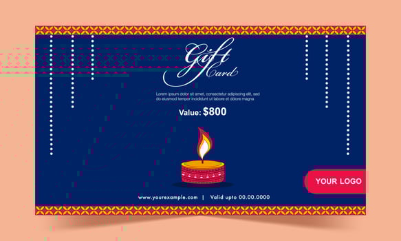Gift Card Template Layout With Lit Oil Lamp In Blue Color. vector