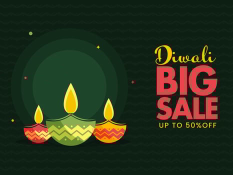 Diwali Big Sale Poster Design With Illuminated Oil Lamps In Green Color. vector