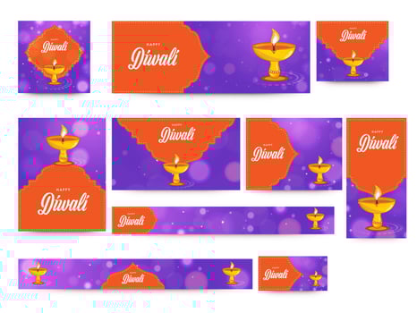 Happy Diwali Social Media Template Collection With Lit Oil Lamps In Purple And Orange Color. vector