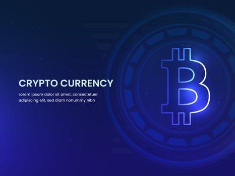 Crypto Currency Concept Based Web Template Design With Bitcoin Futuristic Blue Background. vector