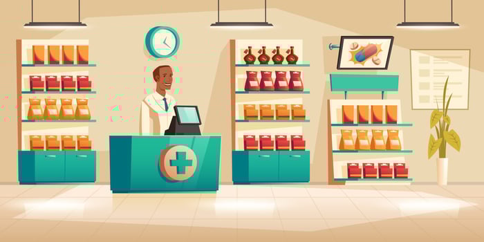 Male pharmacist at counter in pharmacy vector