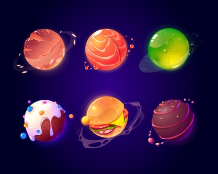 Space with food planets, burger and candy texture vector