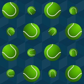 Green Tennis Ball Decorated On Blue Cube Pattern Background. vector