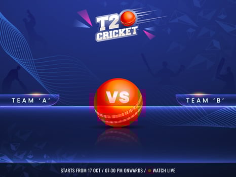 T20 Cricket Watch Live Concept With Participating Team A VS B, 3D Red Ball And Silhouette Players On Blue Abstract Wave Background. vector