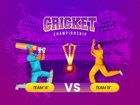 Cricket Championship Concept With Participating Team A VS B Of Batsman And Bowler Player On Purple Grunge Stadium Background. vector