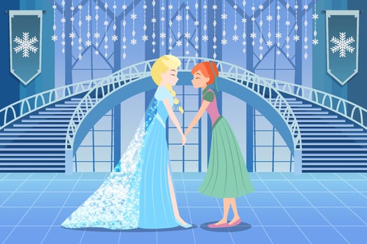 The Ice Queen Reunited With Her Princess Sister and A Snowman In Winter Castle vector