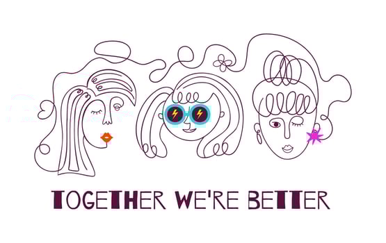 International Womens Day card. Abstract woman faces in continuous line contour. Vector illustration of three women together. Isolated on white. Together were better quote, Girl power concept.