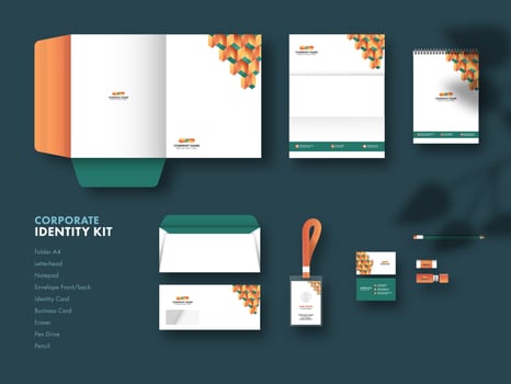 Corporate Identity Kit Including As Folder A4, Letterhead, Identity Card, Envelope, Pen Drive On Teal Background. vector