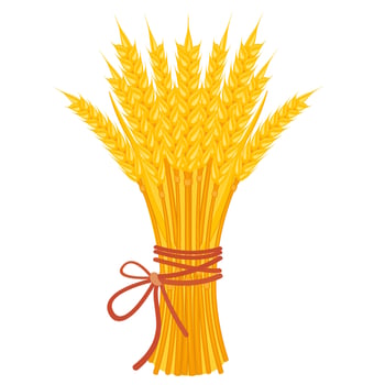 Sheaf of wheat with ribbon. Bouquet of yellow ears on white. Harvest of grain crops. Bundle of dry straw. Vector illustration of flour and pasta packaging decoration.