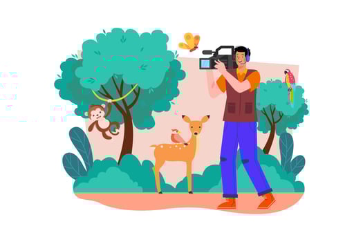 A wildlife videographer captures footage of animals in their natural habitat. vector