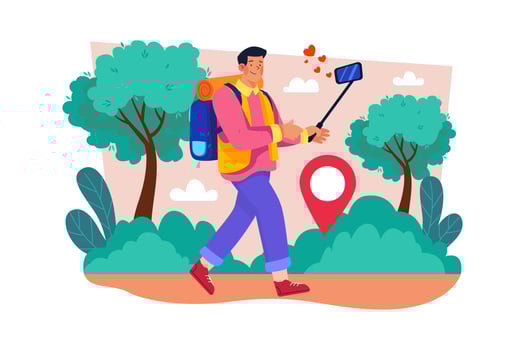 A travel vlogger captures footage of a new destination. vector