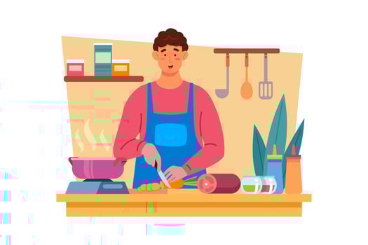 A man spends the day cooking his wife's favorite meal to show his love vector