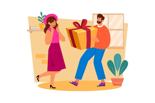 A man surprises his girlfriend with a thoughtful surprise gift vector