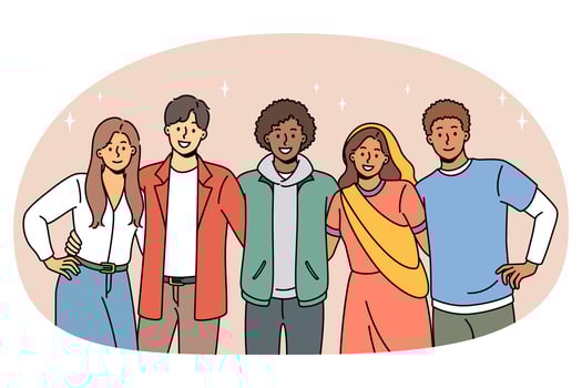 Multicultural smiling friends pose hug together vector