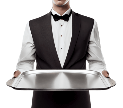 Waiter holding empty silver tray, created with png