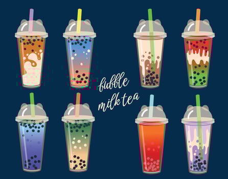 Milk bubble tea collection. Delicious drinks, coffee and soft drinks with . Vector illustration of bubble tea. Drinking set.
