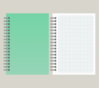 Notepad with a green cover and with a binding from left side. Vector illustration