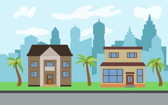 Vector city with two two-story cartoon houses and palm trees in the sunny day. Summer urban landscape. Street view with cityscape on a background