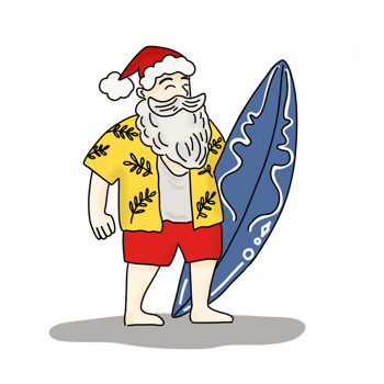 Christmas in July illustration  with  Santa Claus and surfboard png