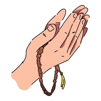 hands doing prayer pose, dua and holding tasbih, islamic prayer beads in line art, sketch style with color. isolated on white background. hand drawn vector illustration.