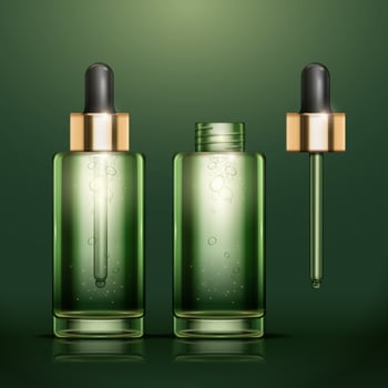 Green oil essence bottles mockup set on green background in 3d illustration vector