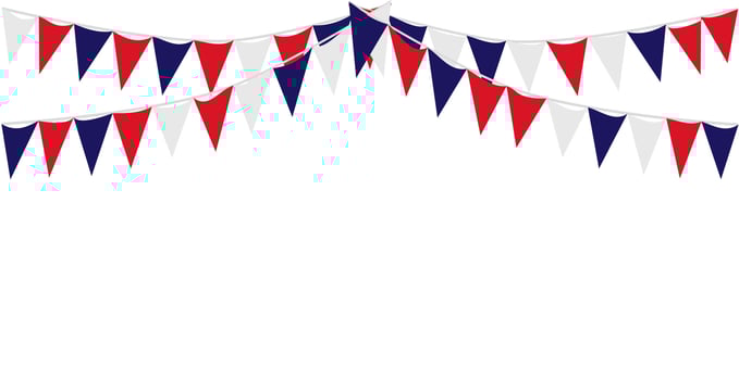 Bunting Hanging Red White Blue Flags Triangles Garland Banner Background. United State of America, France, Thailand, New Zealand, Netherlands, British, Great Britain, USA vector