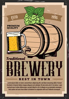 Retro poster of craft beer brewery, beer barrel vector