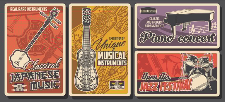 Vintage posters, jazz and folk music instruments vector