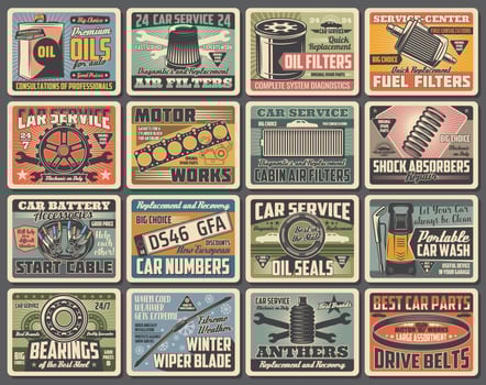 Car service, auto mechanic and parts retro posters vector