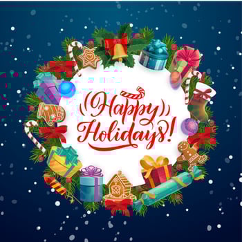 Christmas tree frame with Xmas gifts, bell, candy vector