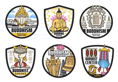 Buddhism religion, Tibet and Buddhist symbols vector
