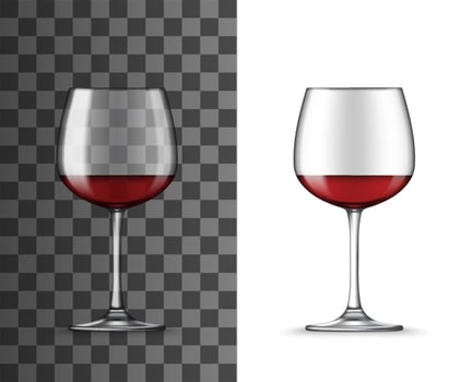 Realistic 3d red wine in glass cup, mockup vector
