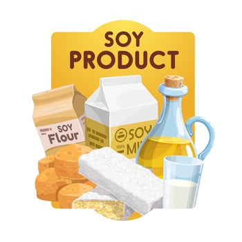 Soy food, milk, cheese, oil and flour products vector