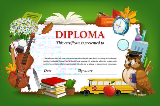 School diploma vector template, kids certificate