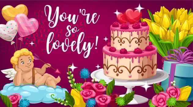 Valentines day cupid angel, flowers, cake and gift vector