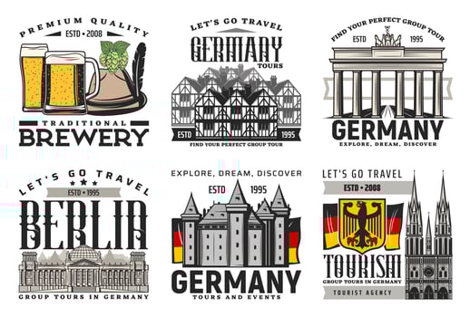 Berlin city tours, beer and landmark icons vector