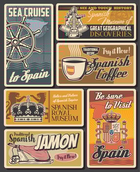 Spanish cuisine food, coffee drink and sea travel vector