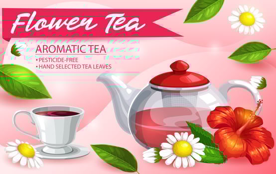 Herbal tea glass pot, hibiscus, chamomile and mint vector