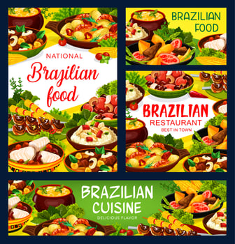 Brazilian cuisine food menu meat, fish meal dishes vector