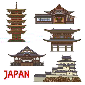 Japanese temples and castle, travel landmarks vector