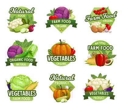 Vegetables icons, farm market food veggies vector