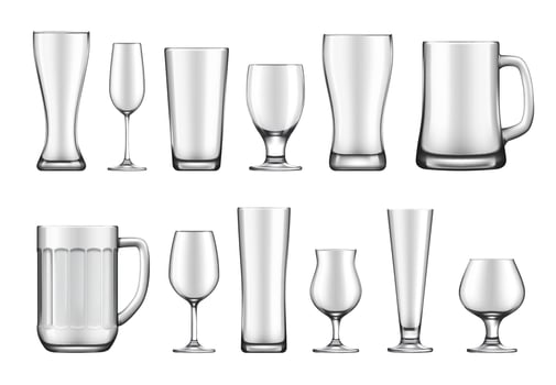 Glass goblets, mugs and jars vector set